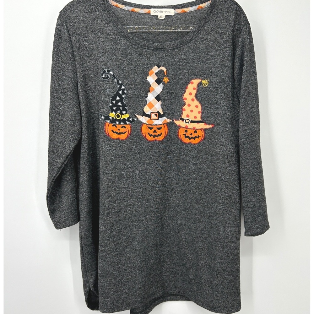 Clover + Pine Halloween Pumpkin‎ Witch Hat Tunic Top Charcoal Gray XXL Womens - Picture 2 of 7